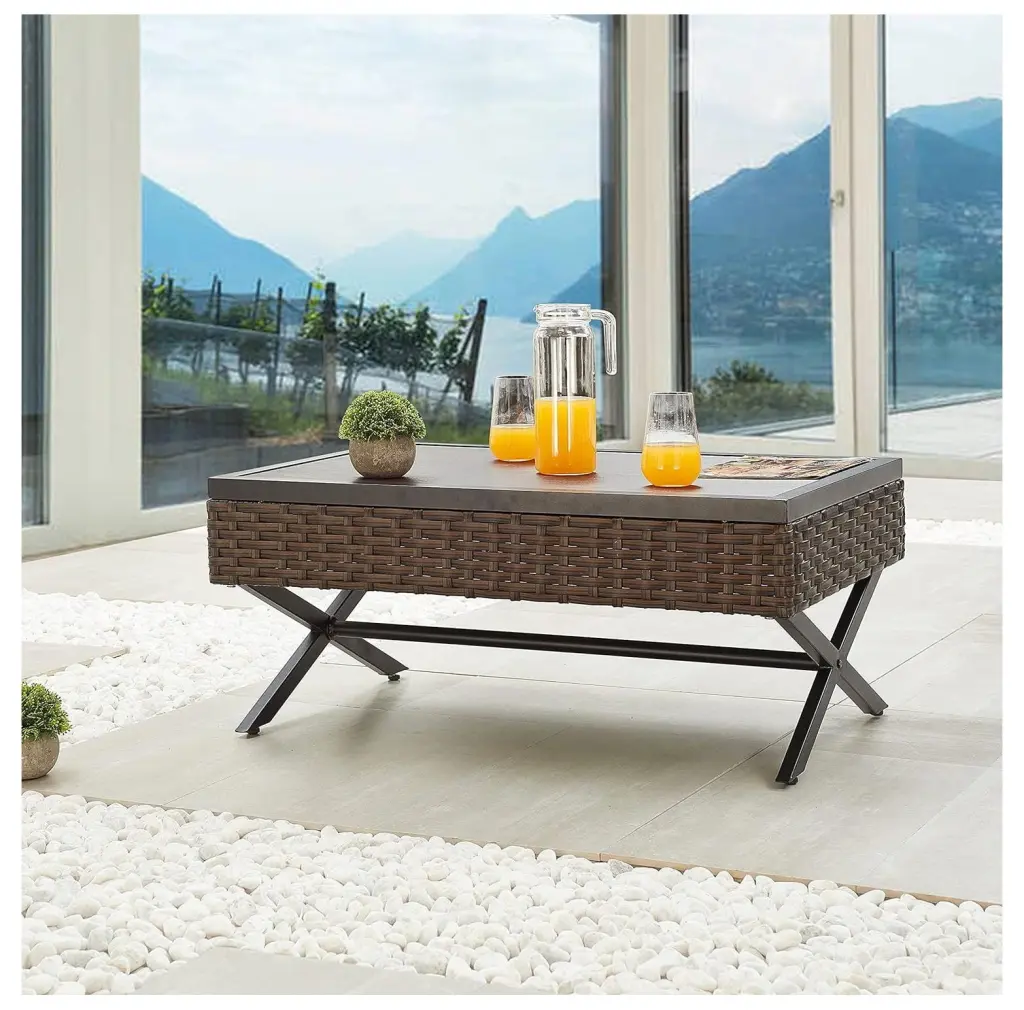 CintBllTer Outdoor Side Table Wicker Rattan Bistro Furniture X Shaped Steel Legs Brown Wood Grain
