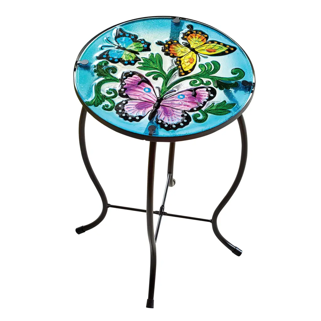 Collections Etc Pretty Butterfly Accented Round Glass Top Table