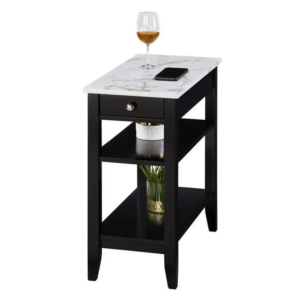 American Heritage 1 Drawer Chairside End Table Shelves Faux Marble Black Finish Convenience Concepts
