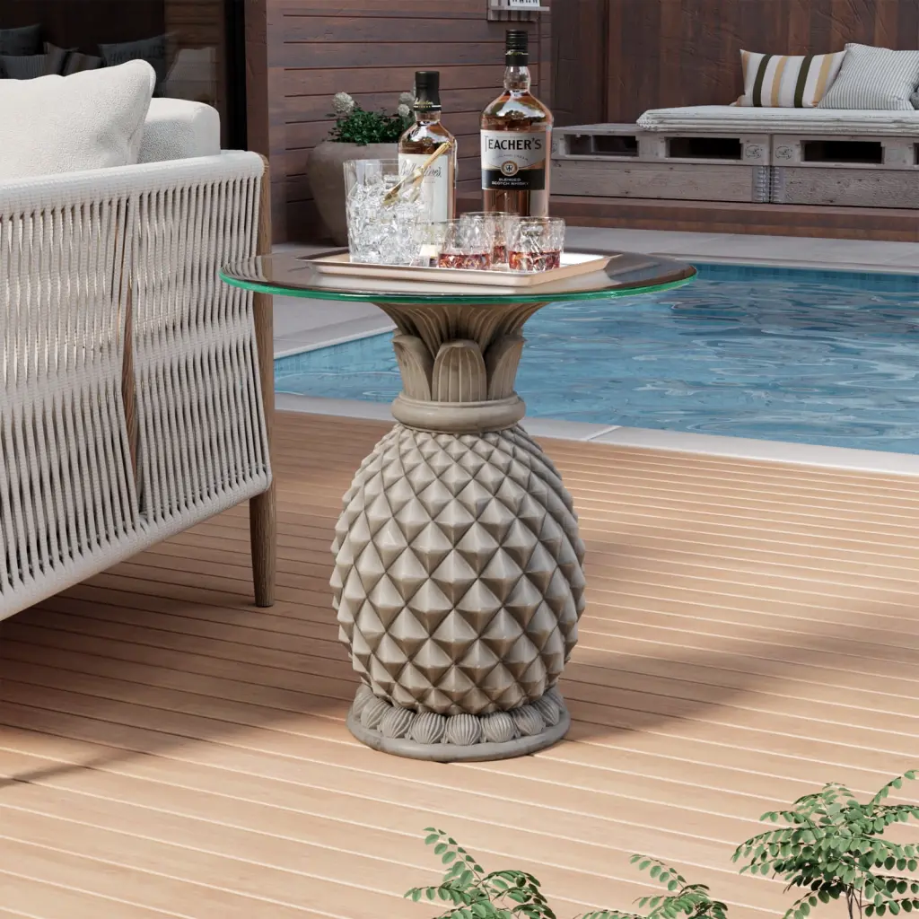 COSIEST Outdoor Concrete Antique Beige Side Table Pineapple Stand Glass Tabletop
