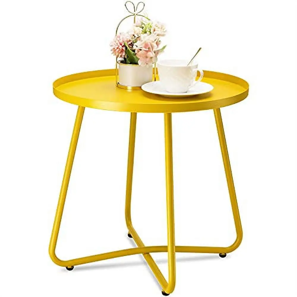Danpinera Outdoor Side Table Weather Resistant Steel Round End Table Patio Yard Balcony Garden Yellow