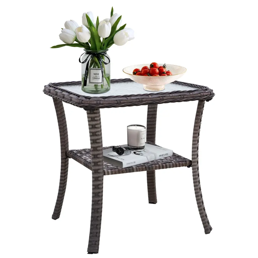 Eagle Peak Gray Outdoor Wicker Side Table Glass Top Patio Garden