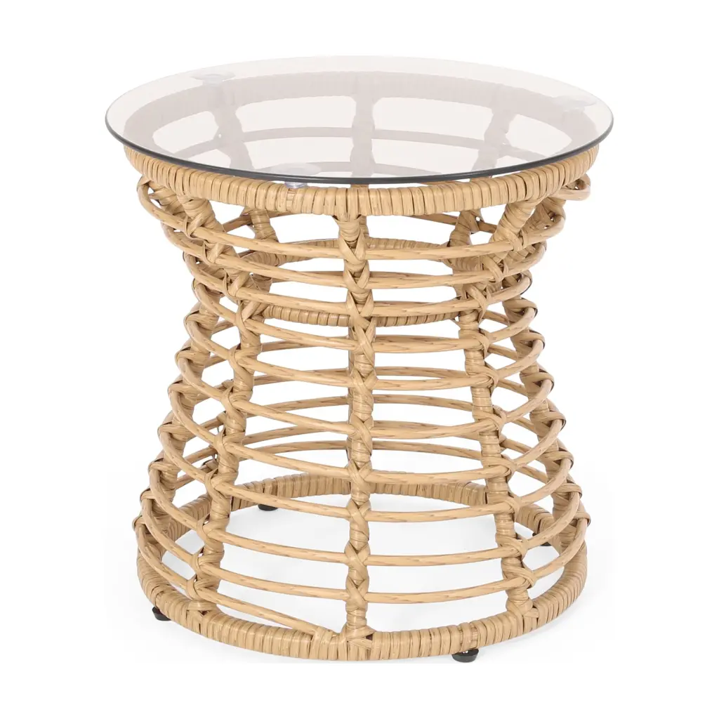 GDF Studio Pinefield Outdoor Wicker Glass Top Hourglass Side Table Light Brown GDFSTUDIO