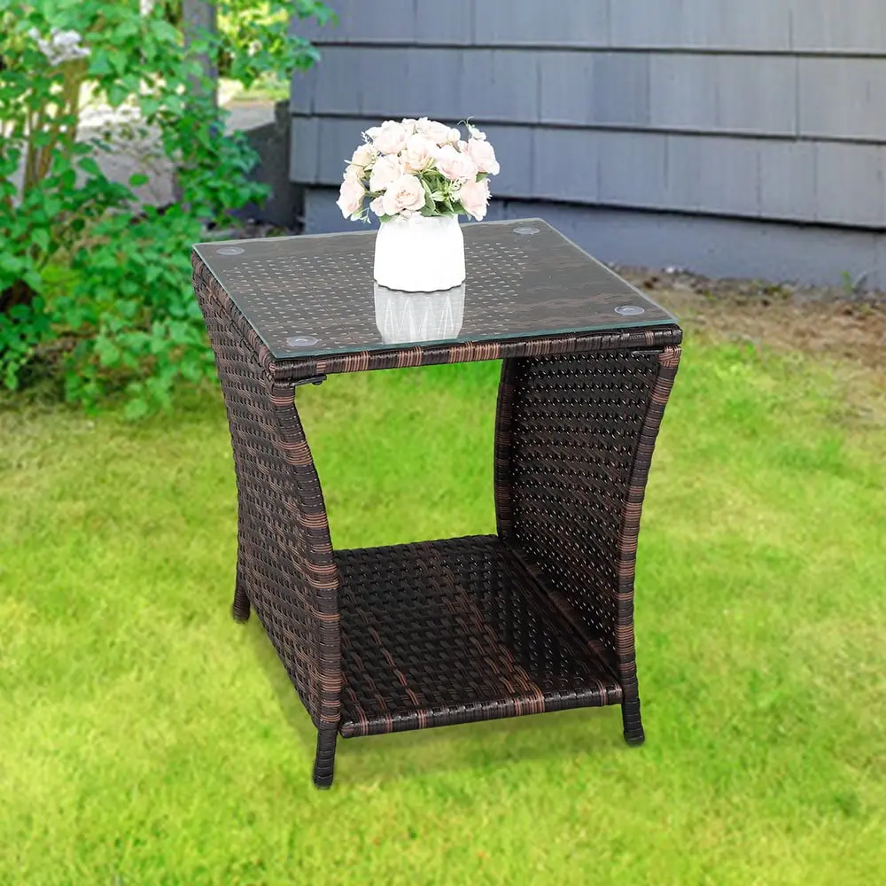 GoDecor Outdoor Wicker Side Table All-Weather Resistant Patio Rattan Bistro Table Deck Poolside Terrace