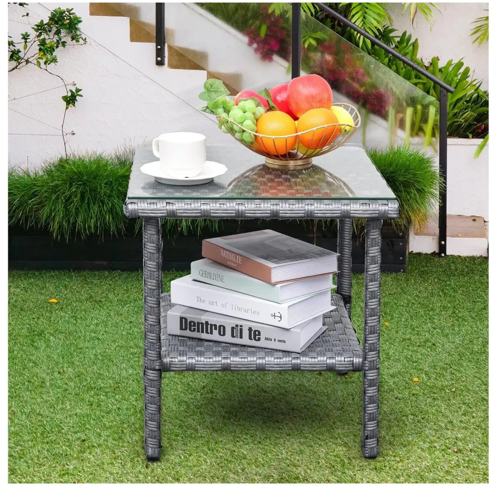 HElectQRIN Outdoor Wicker Square Side Table Glass Top and Storage Grey Patio Furniture