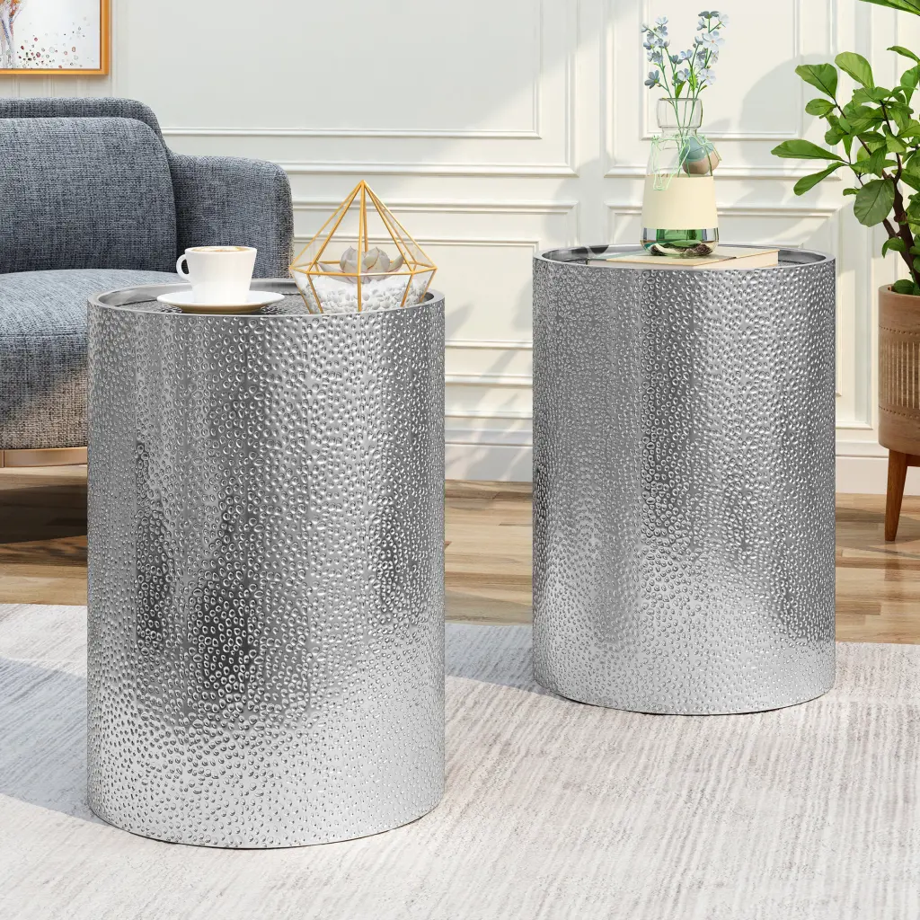 Metallic Side Table Shiny Metal Ferrous Metal Living Room Bedroom nh-home living