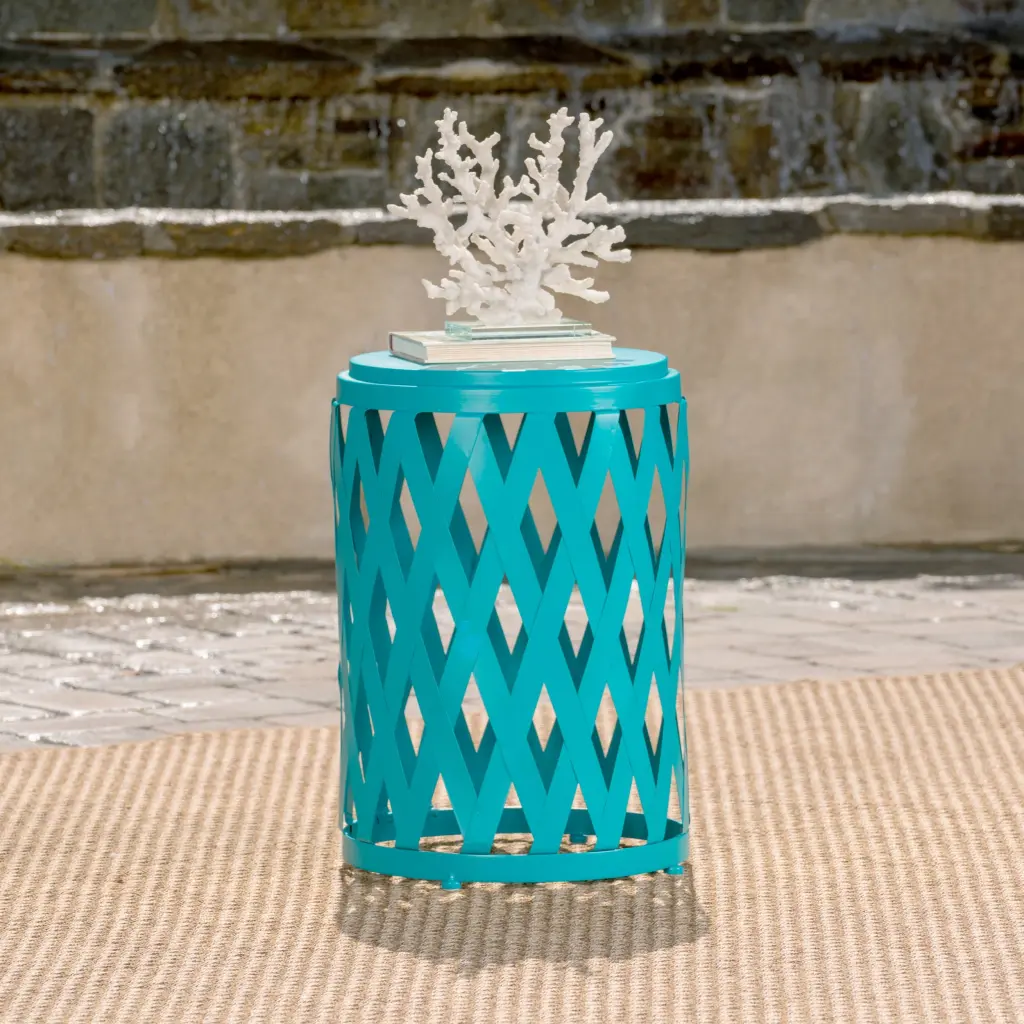 Aubriella Outdoor 14 Inch Diameter Iron Side Table Teal Patio Furniture Noble House