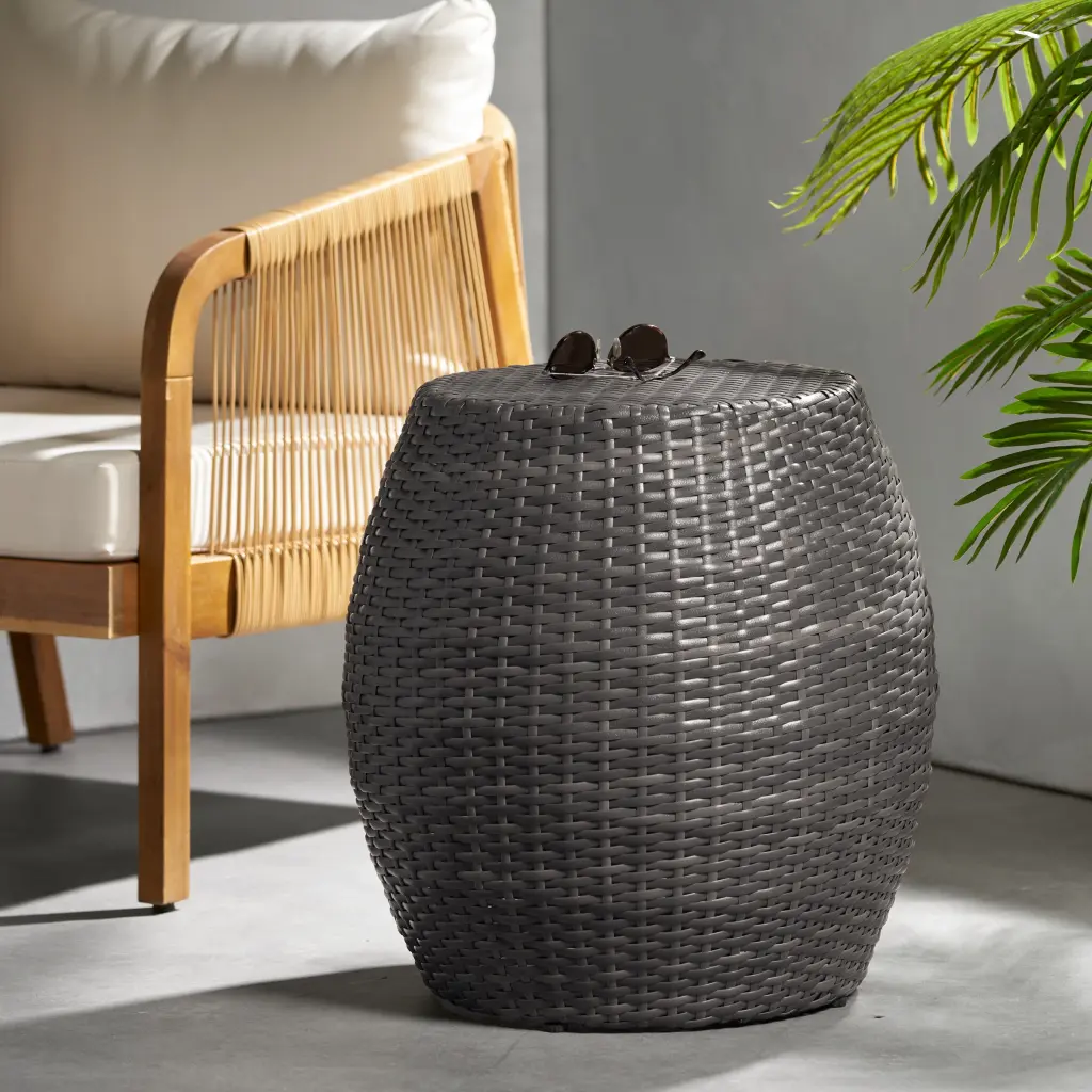 Cambria Outdoor Wicker 14 Inch Side Table Grey Weather Resistant Noble House