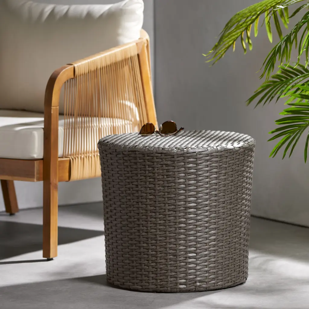Kelley Wicker Barrel Side Table Dark Grey - Stylish Rattan Accent Table Indoor or Outdoor Use Noble House