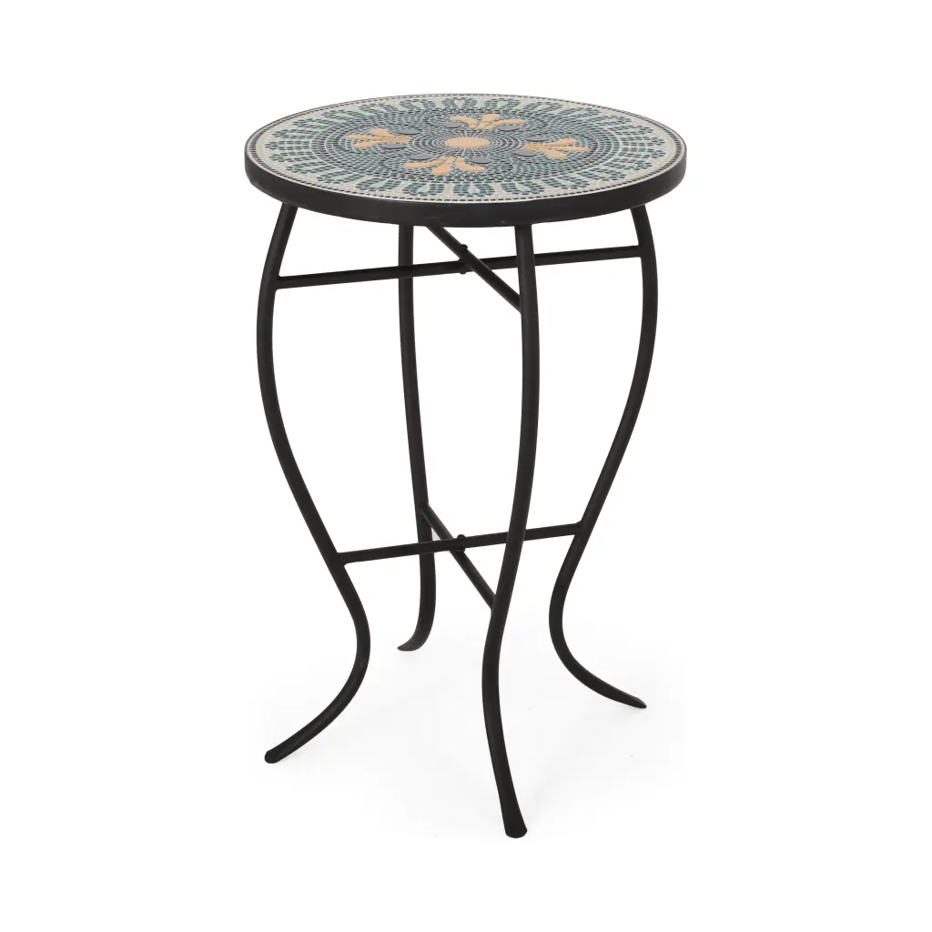 Noble House Bloomfield Outdoor Iron Side Table Teal Yellow Black Tile Top