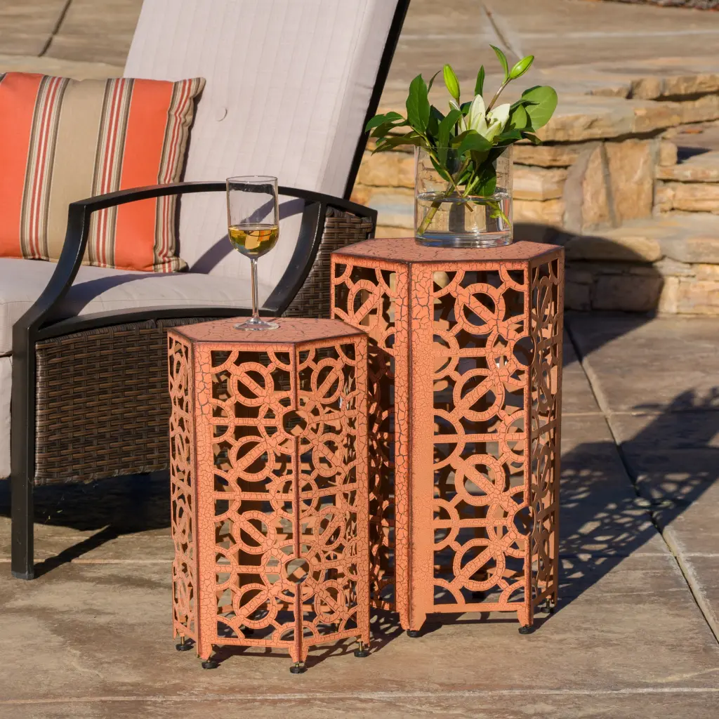 Wayne Outdoor Iron Accent Tables Set 2 Orange Patio Side Tables Noble House