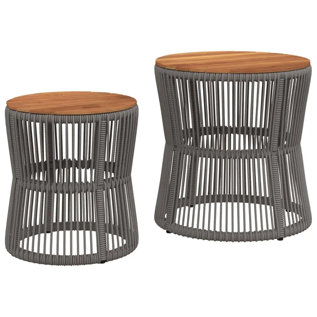 Patio Side Tables 2 pcs Wooden Top Gray Poly Rattan Outdoor Furniture