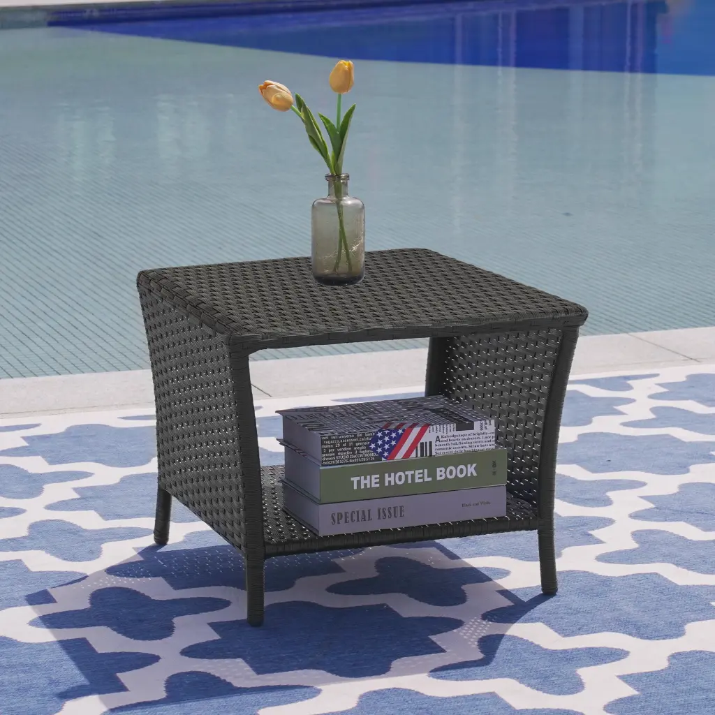 Prime Garden Patio Rattan Side Table Storage Outdoor Black