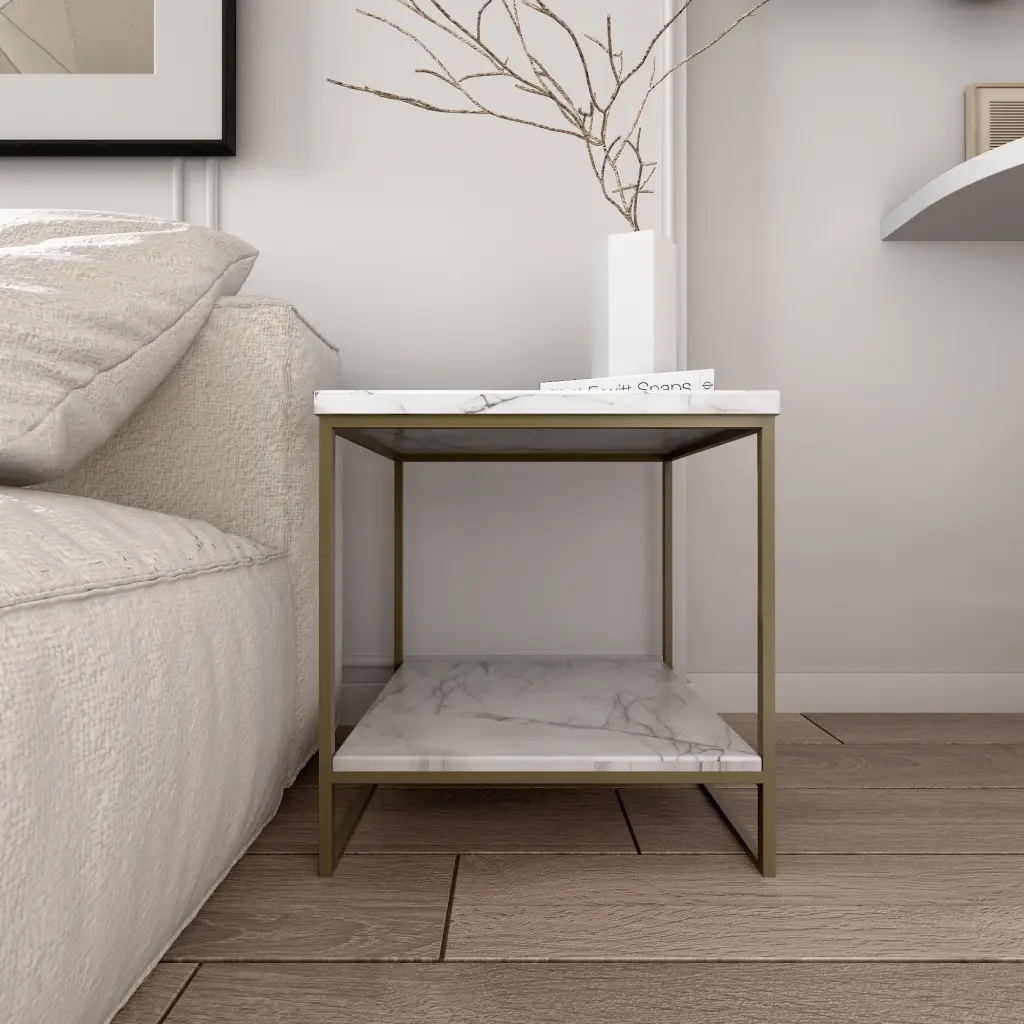 Roomfitters White Faux Marble Side Table Living Room or Bedroom