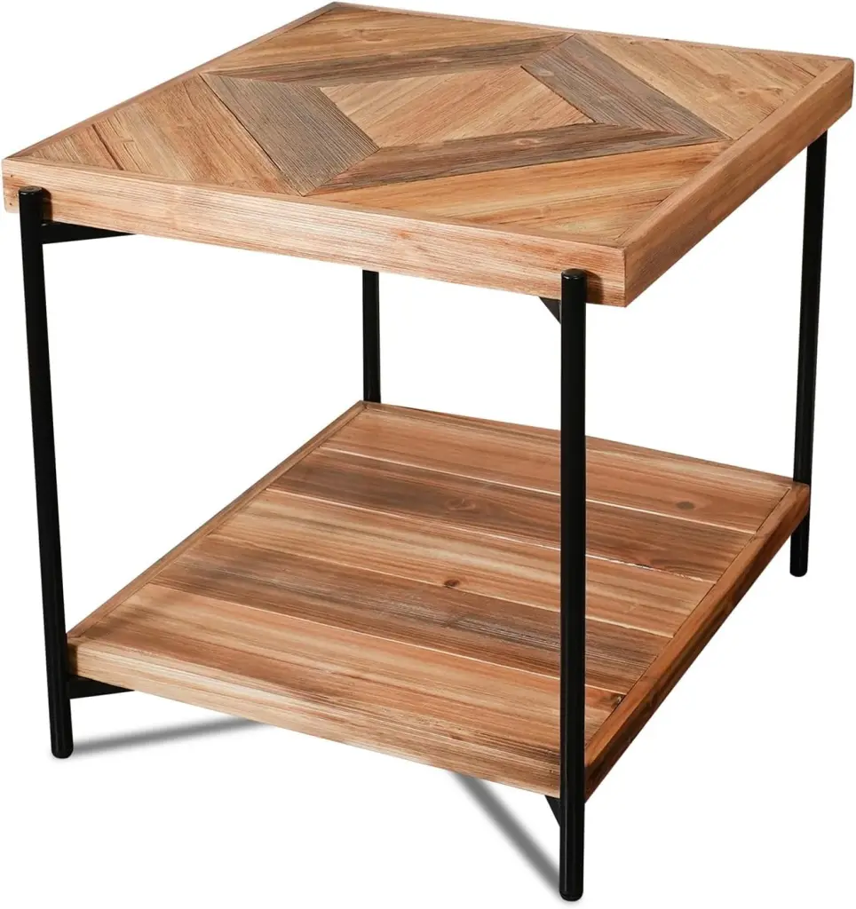 StoneCreek Solid Fir Wood Side Table Metal Frame 2-Tier End Table Living Room Bedroom Office
