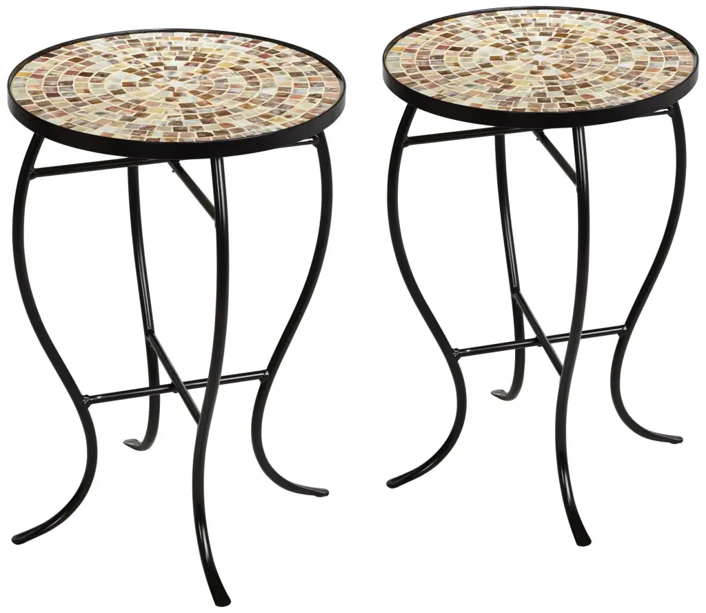 Teal Island Designs Modern Black Round Outdoor Accent Side Tables Set 2 Natural Mosaic Tabletop