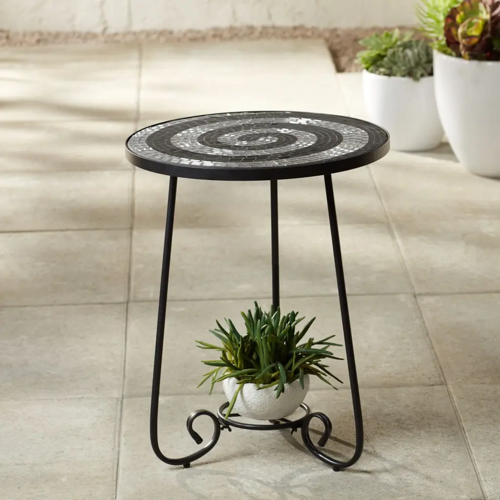 Teal Island Designs Modern Black Round Outdoor Accent Side Table 17 3/4 Wide Black White Tile Mosaic Tabletop