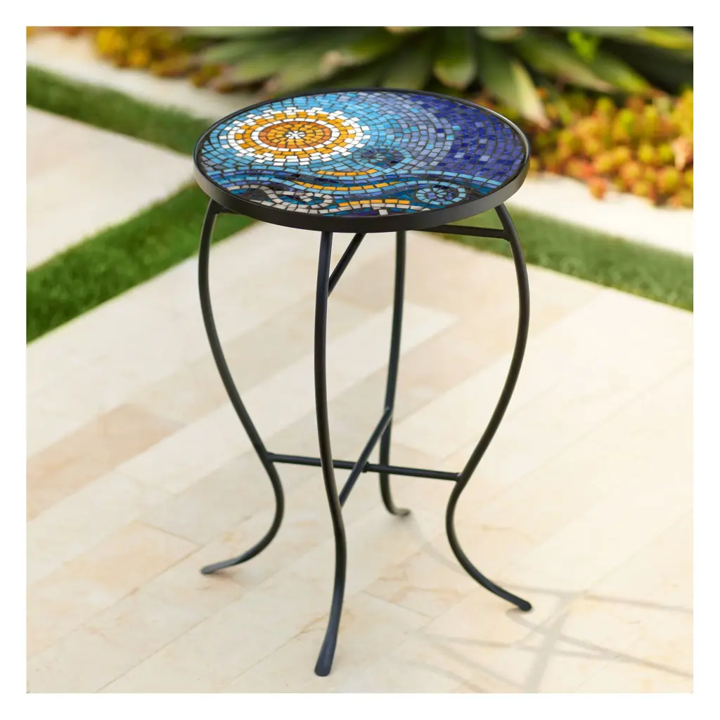 Teal Island Designs Modern Black Round Outdoor Accent Side Table Blue Ocean Mosaic Tabletop 14 Wide Porch Patio