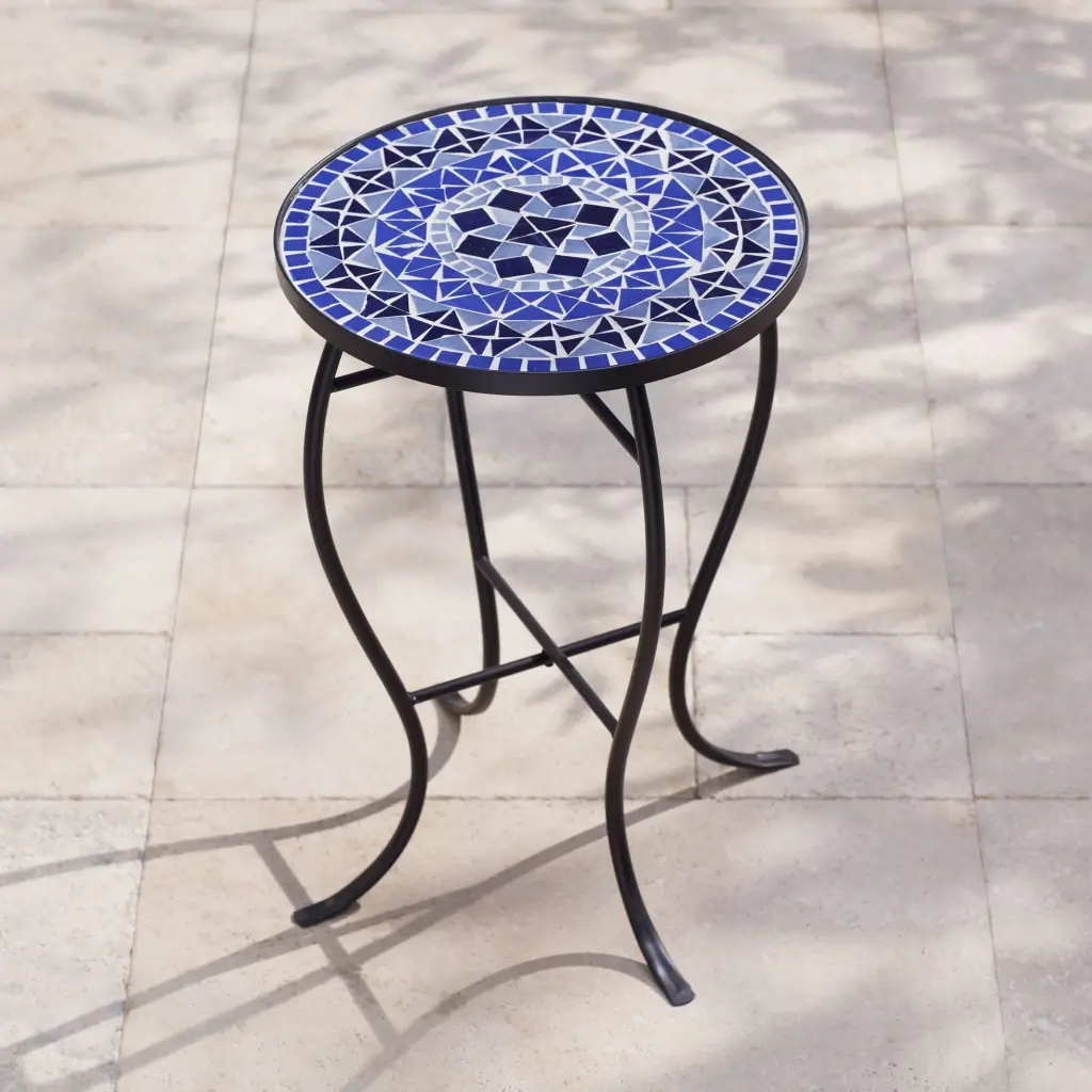 Teal Island Designs Modern Black Round Outdoor Accent Side Table Light Blue Mosaic Tabletop 14 Wide Porch Balcony