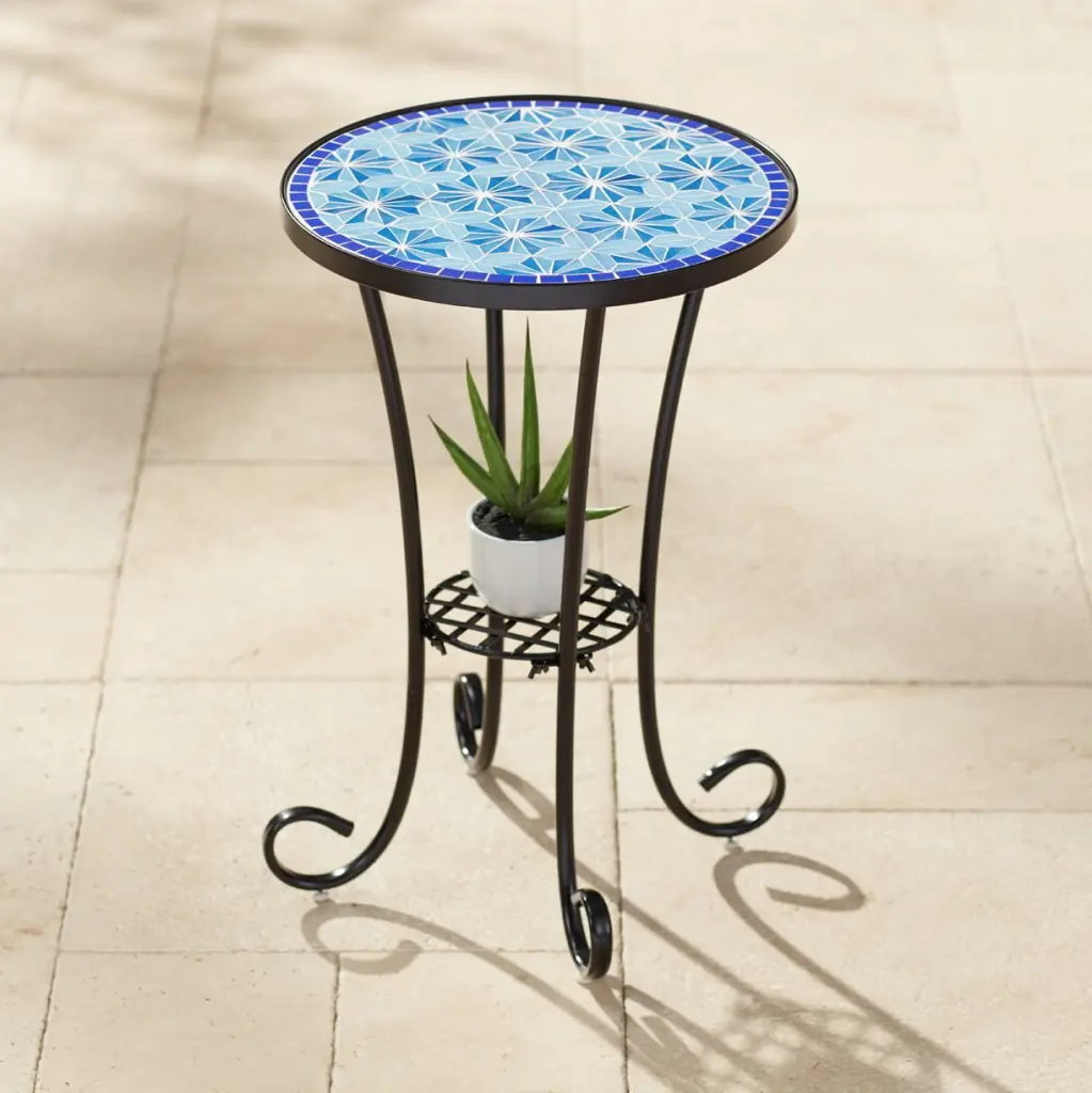 Teal Island Designs Modern Black Round Outdoor Accent Side Table Blue Star Mosaic Tabletop 14 Wide Porch Patio