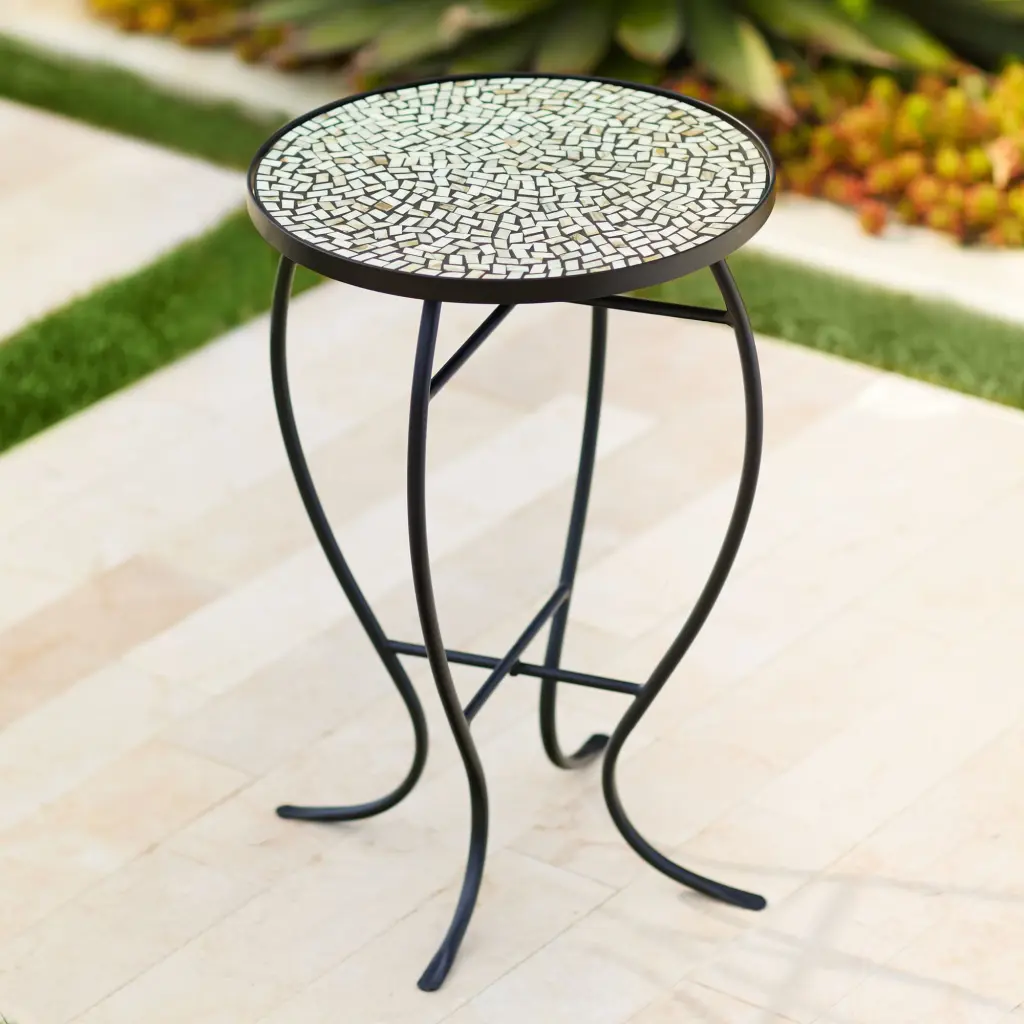 Teal Island Designs Modern Black Round Outdoor Accent Side Table 14 Wide Mosaic Tabletop Patio Balcony