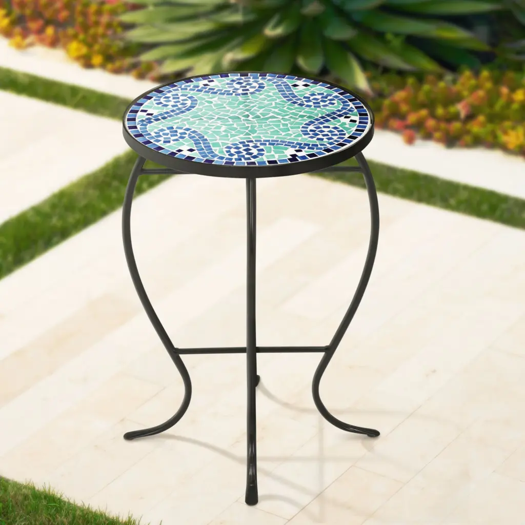 Teal Island Designs Modern Black Round Outdoor Accent Side Table Light Green Mosaic Tabletop