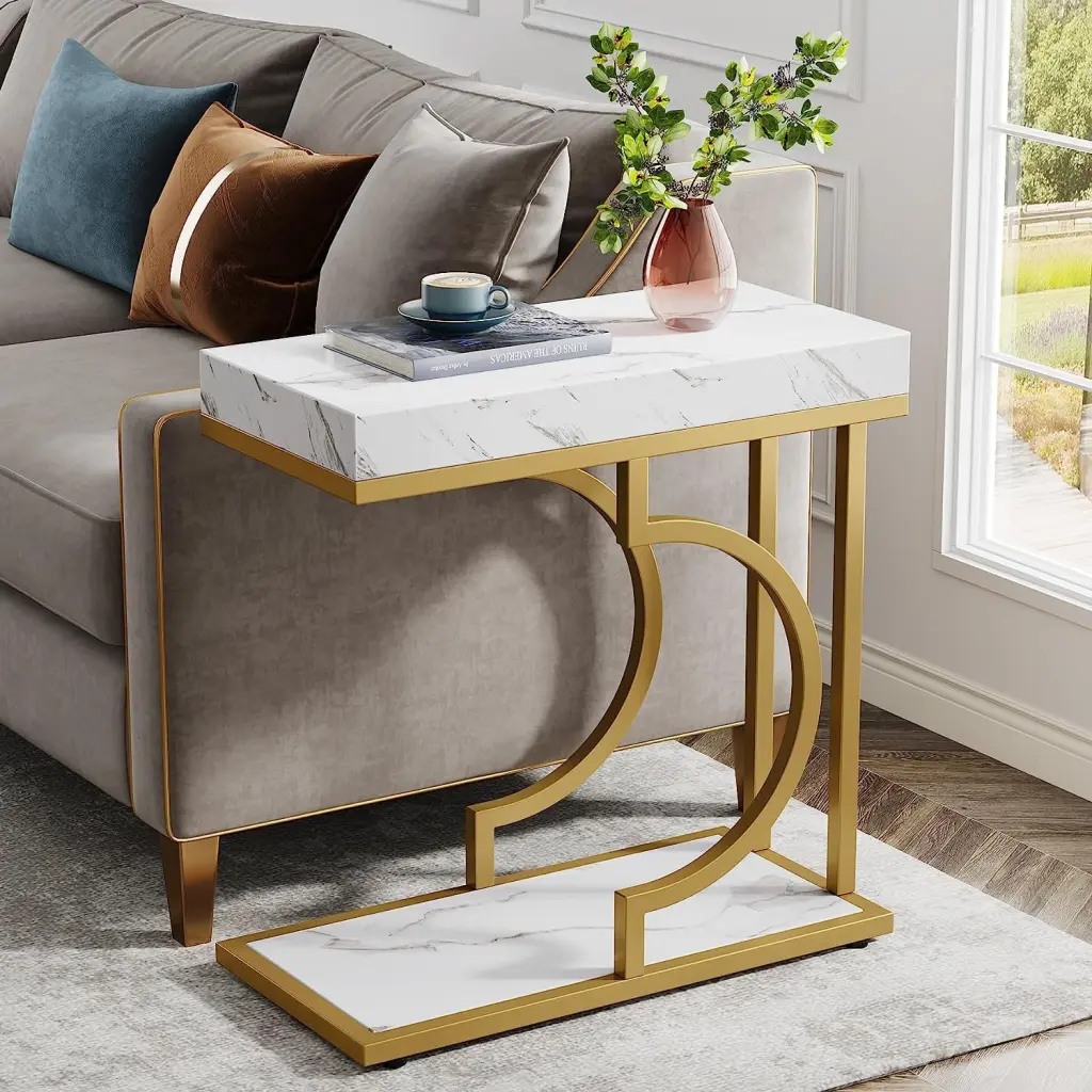 Tribesigns Narrow Side Table White Gold C-Shaped End Table Modern Bedside Sofa Table Living Room