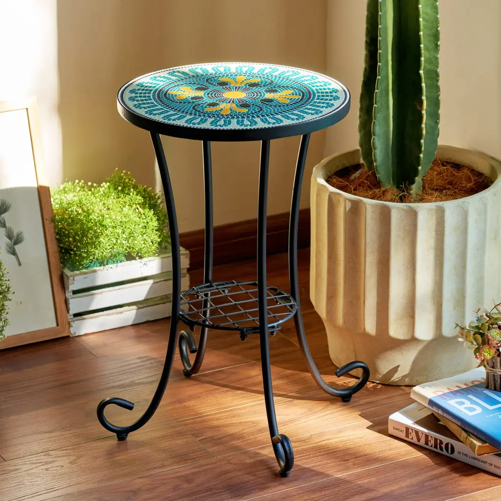 Outdoor Mosaic Patio Side Table 21 Inch Height 14 Inch Ceramic Tile Top Garden Yard or Lawn Natural Green VCUTEKA