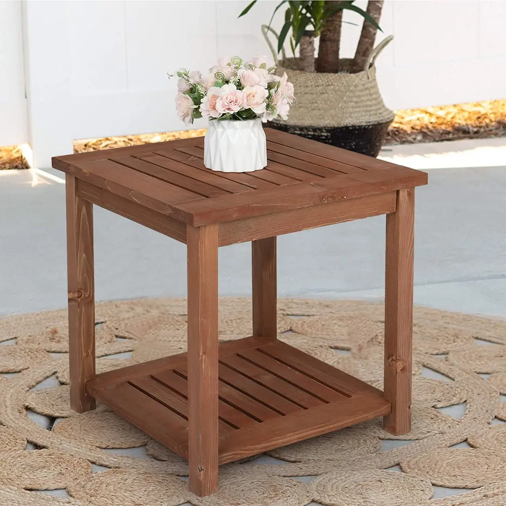 Veryke 17.7 Inch Wood Square Patio Side Table Indoor Outdoor Use Brown