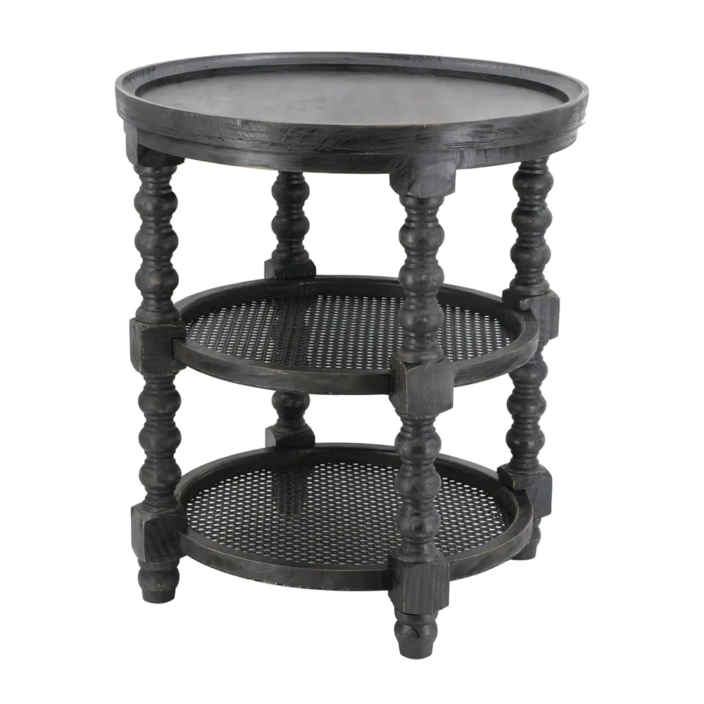 D23.5 X 25 Round Three Tiered Side Table Rattan Shelf Black End Table Living Room w2078