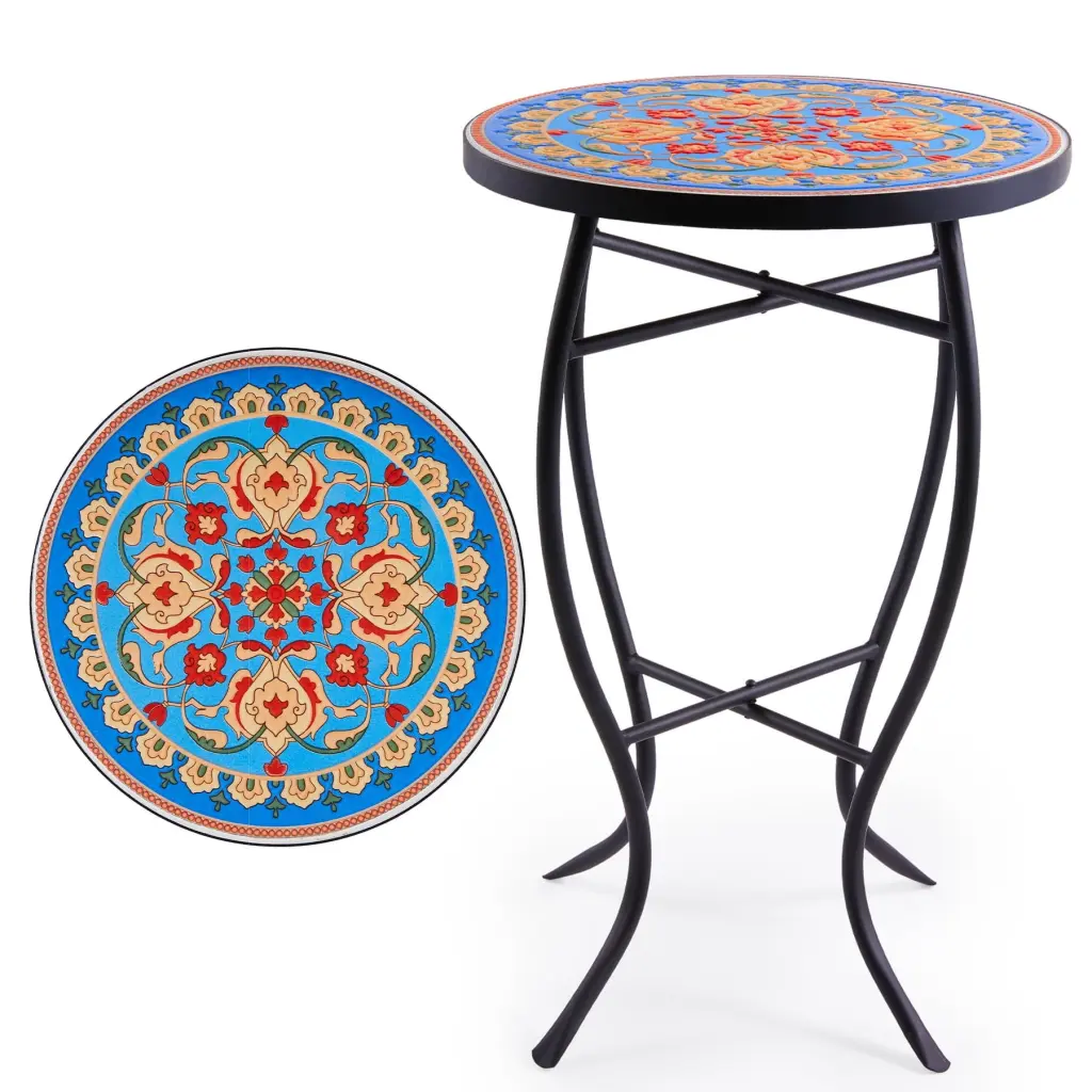 14 Inch Side Table Ceramic Tile Mosaic Top and Metal Frame Outdoor Patio Faberge Wayshire