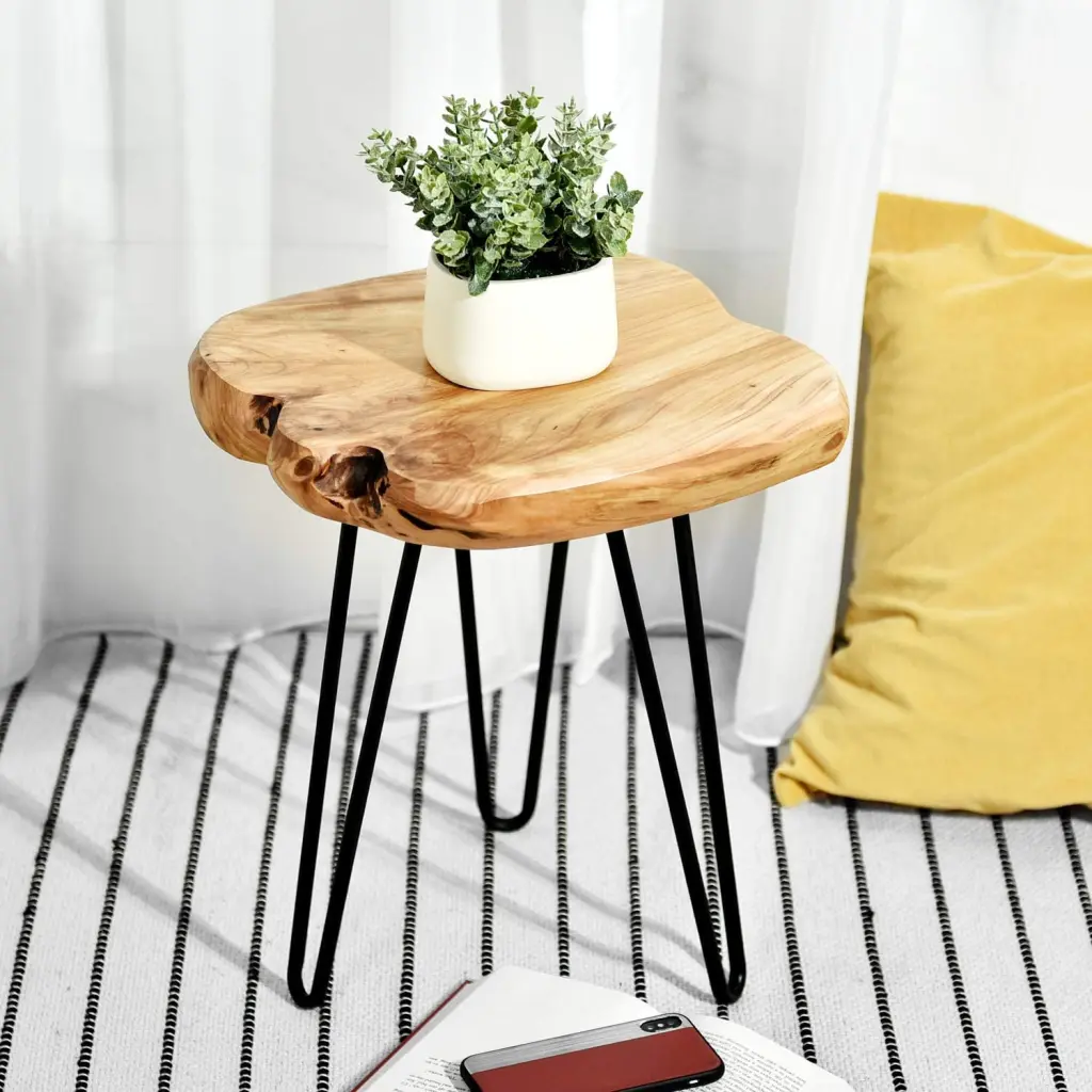 WELLAND Live Edge Side Table Hairpin Legs Natural Wood Nightstand 15.5 Tall Modern Furniture
