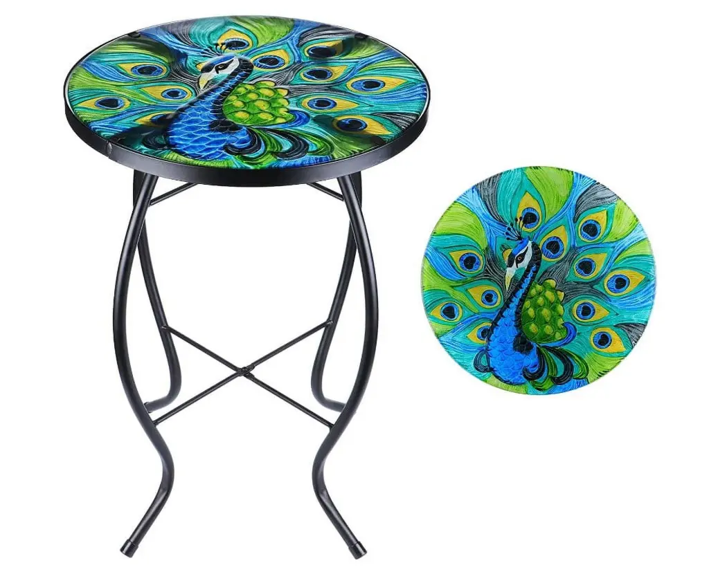 Wonder Garden Peacock Patio Side Table Small Outdoor Metal Glass End Table Porch Garden Yard Pool