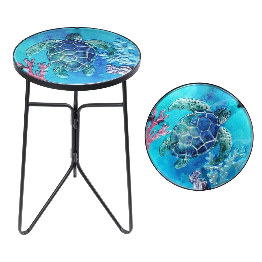 Wonder Garden Round Outdoor End Table Mosaic Glass Tabletop Green and Blue Sea Turtle