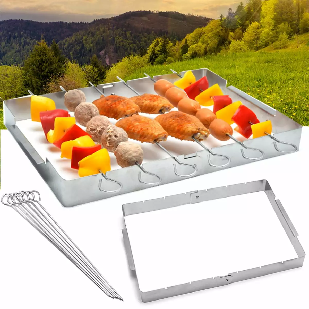 BBQ Skewer Rack Stainless Steel Rotating Rotisserie Grill Rack 6 Skewers Shish Kebab 1set