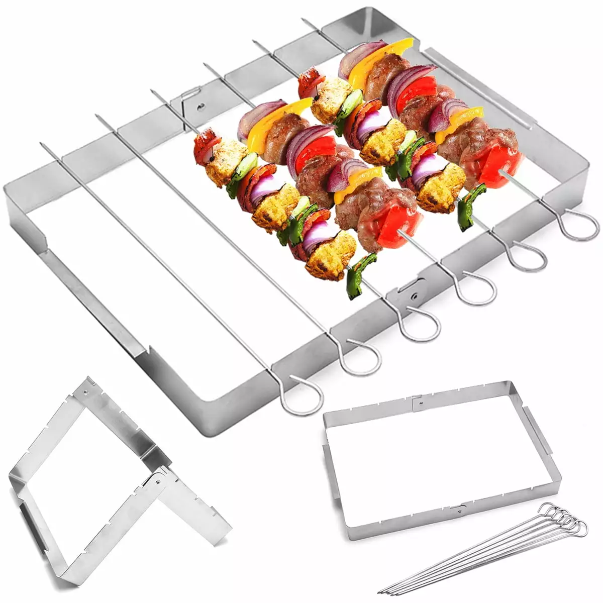 BBQ Skewer Rack Stainless Steel Rotisserie Grill Rack 6 Skewers