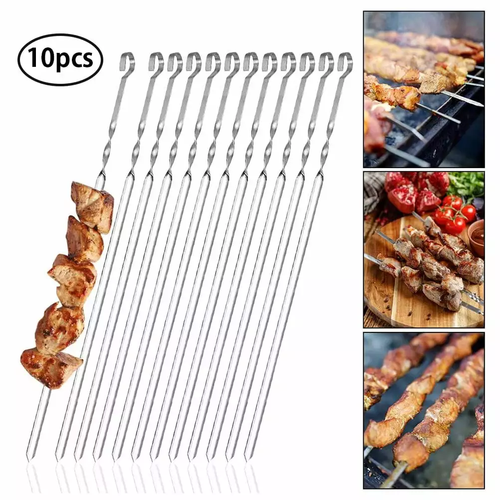 10Pcs Metal BBQ Cooking Skewers Stainless Steel Barbecue Kebab Food Grill Sticks 15 inch Mat
