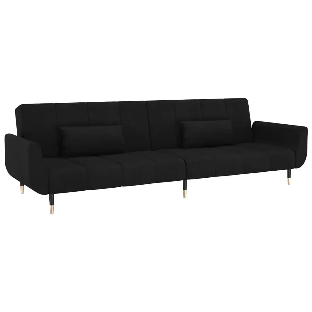 2-Seater Sofa Bed Two Pillows Black Velvet Convertible Sleeper Sofa