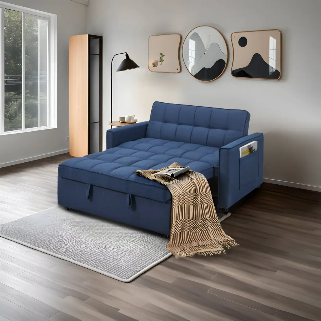 Chic Blue Pull Out Sofa Bed Woven Polyester Material and Solid Wood Frame civilfurniture
