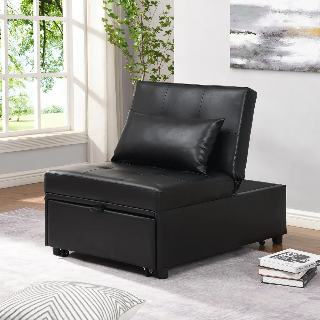 Folding Ottoman Sofa Bed Black Hide Small Spaces and Guest Rooms civilfurniture
