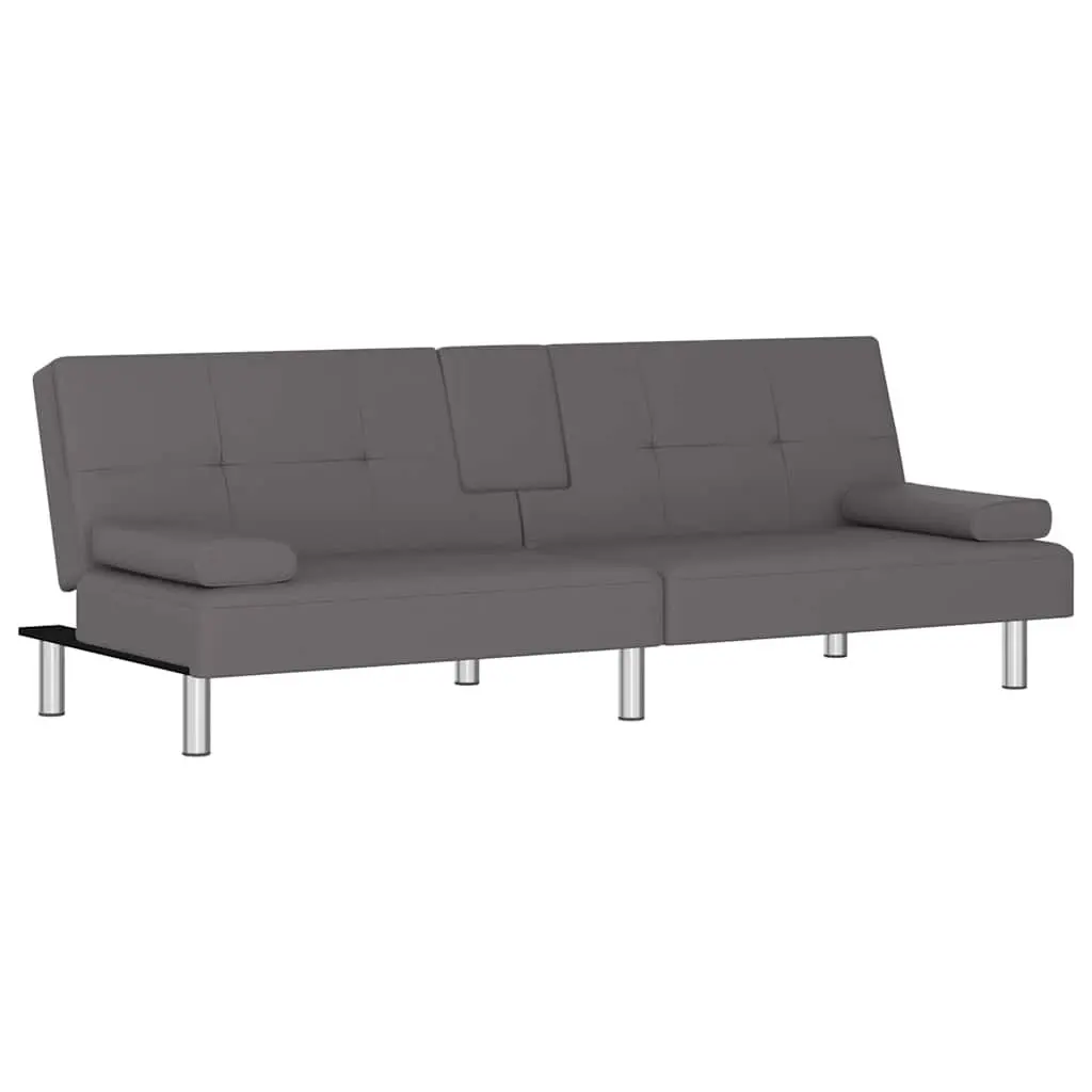 Gray Faux Leather Sofa Bed Cup Holders Convertible Sleeper