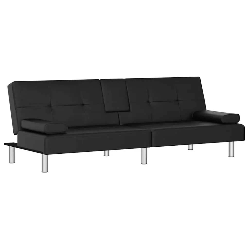 Sofa Bed Cup Holders Black Faux Leather Convertible Furniture