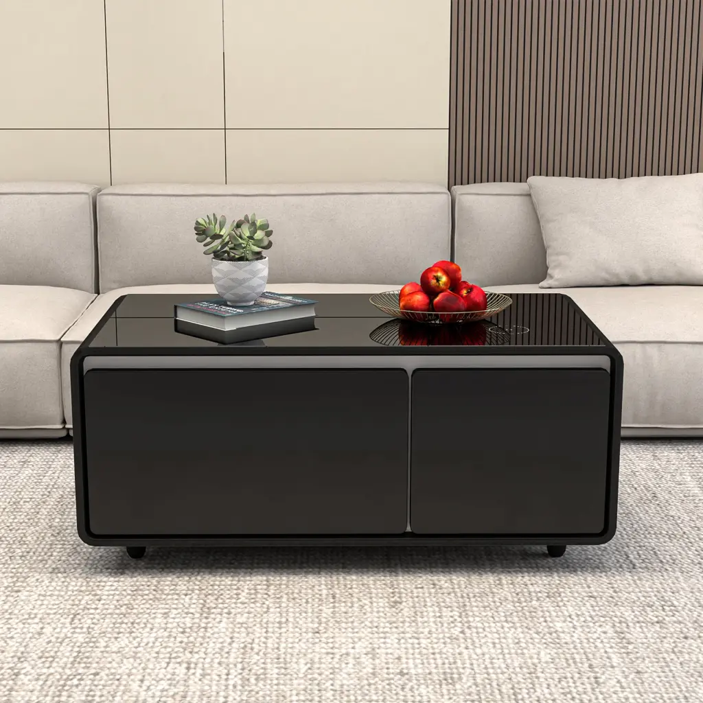 Modern Smart Coffee Table Built- Fridge, Wireless Charging, Power Socket, USB Interface, Outlet Protection, Mechanical Tem...