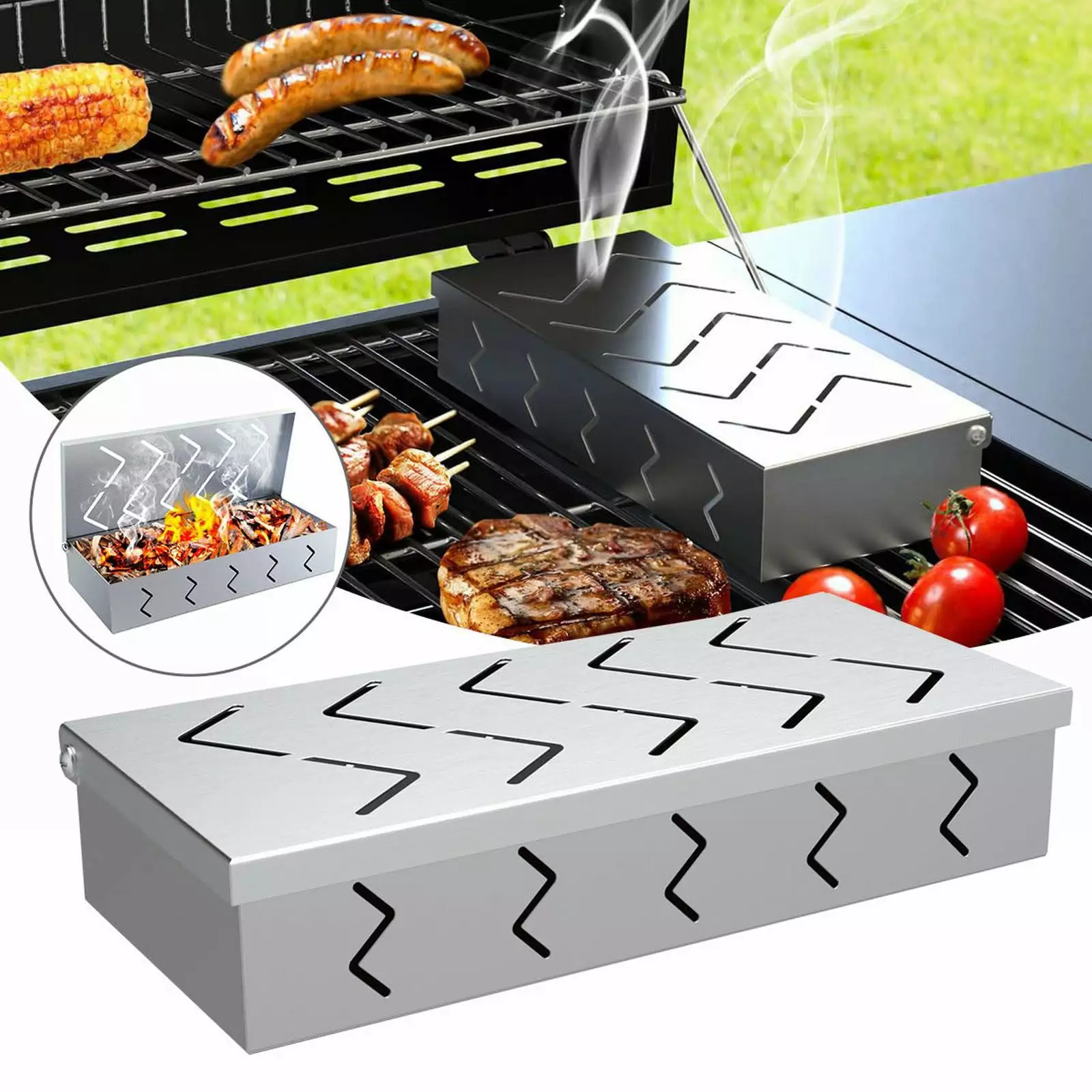 HTHJSCO Stainless Steel Barbecue Grill Box Wood Chips BBQ Flavor Hinged Lid Warp Accessories One