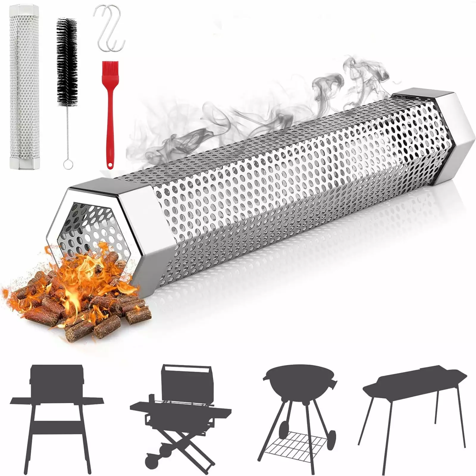 LWZWM 12 Inch 304 Stainless Steel Pipe BBQ Smoker Box Diamond Fruitwood Tools