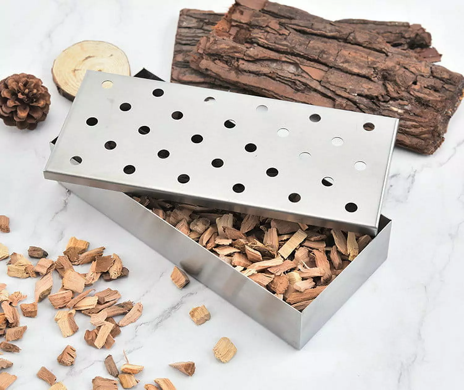 Outdoor BBQ Tools Box Stainless Steel Sawdust Smoked Box Fruit Wood Charcoal