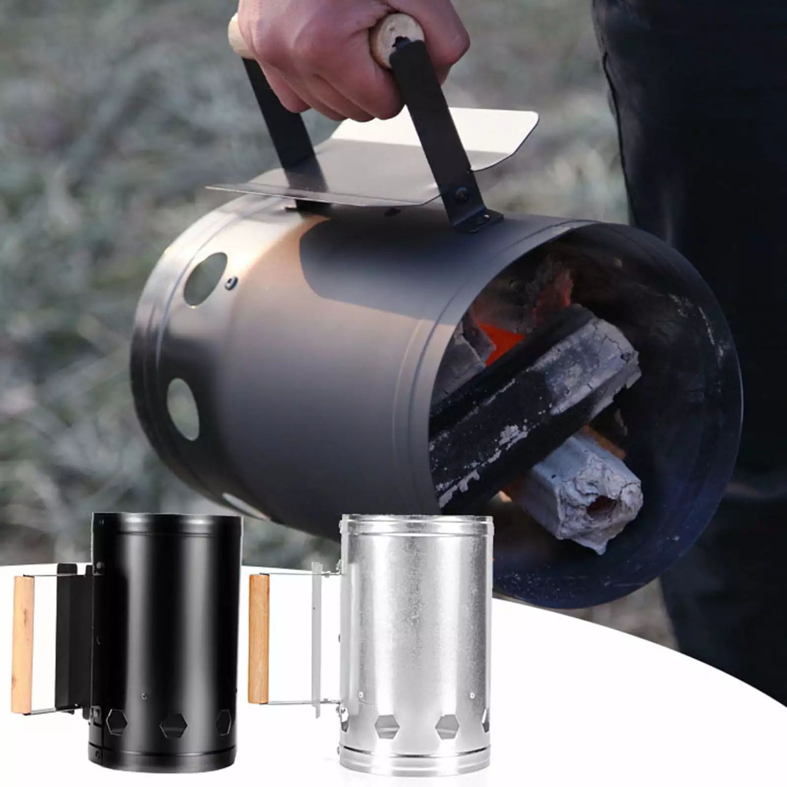 Charcoal Chimney BBQ Grill Offset Smoker Wheels Tray Patio Camping