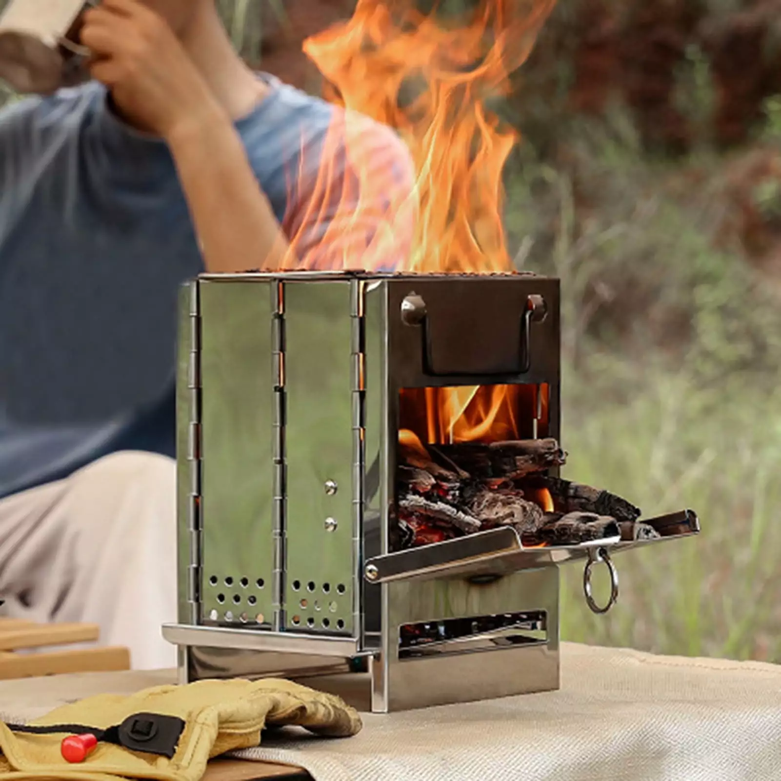 NUZYZ Firewood Stove Anti-rust Stainless Steel Square Cooking Charcoal Grill Smoking Brisket