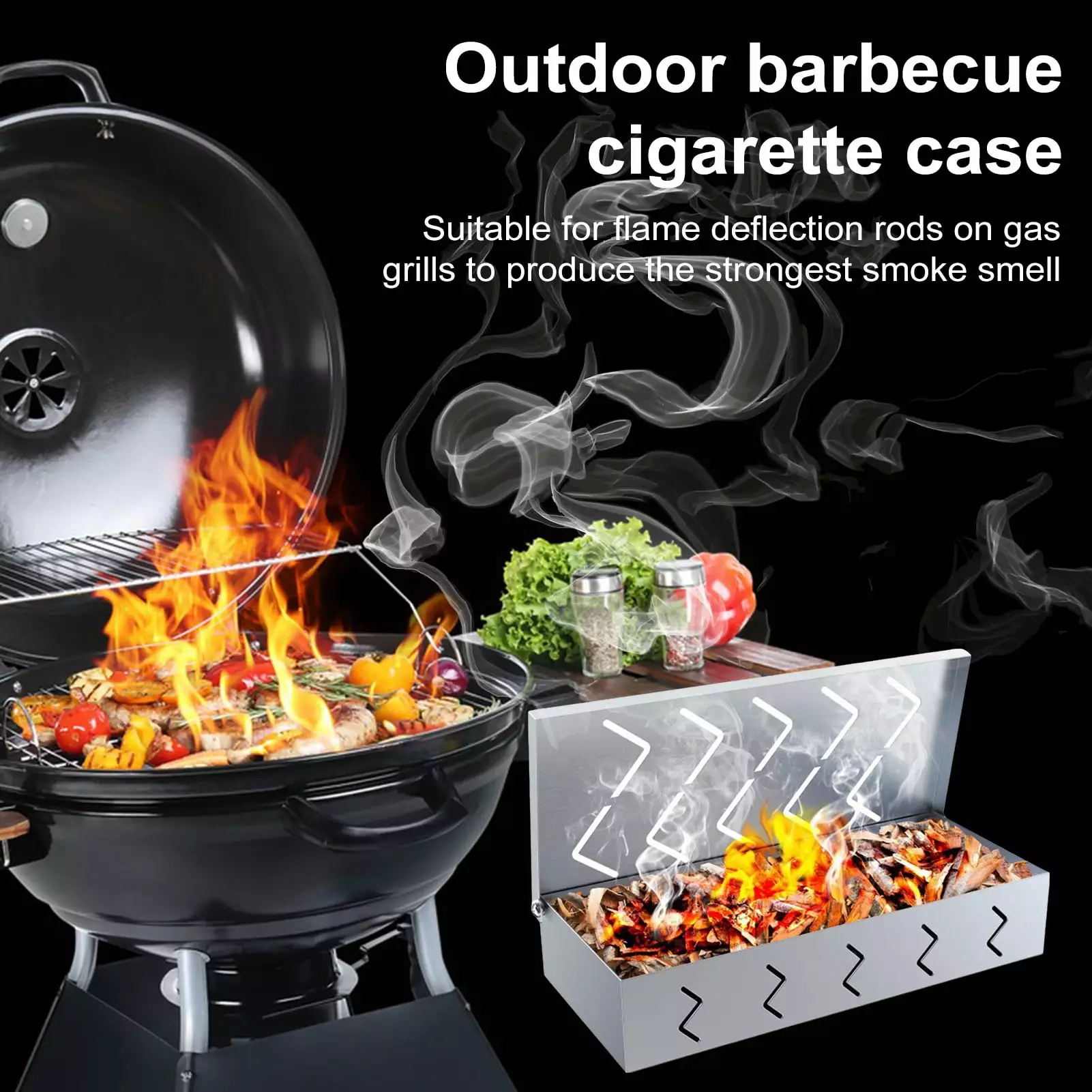 Lchentee Pecan Wood Case Metal BBQ Smoky Box Vent Hinged Lid Heat Resistant