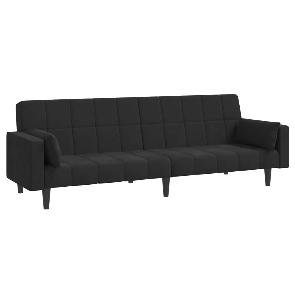 2-Seater Sofa Bed Two Pillows Black Velvet Convertible Living Room Furniture